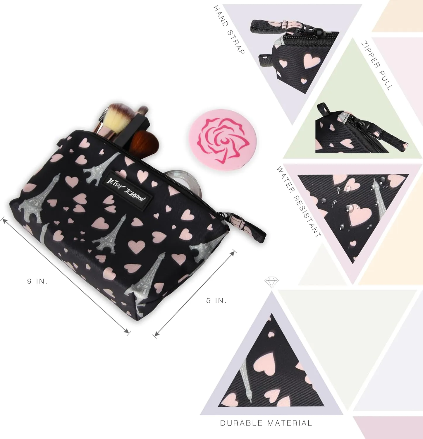 Betsey Johnson 8.5 Inch Zipper Cosmetic Pouch Small Toiletry Bag Lightweight Durable Polyester Organizer with Inner Zipped Pocket Good For Makeup Accessories and Travel Needs (Paris Love)