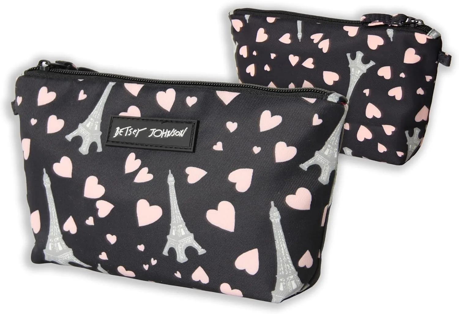 Betsey Johnson 8.5 Inch Zipper Cosmetic Pouch Small Toiletry Bag Lightweight Durable Polyester Organizer with Inner Zipped Pocket Good For Makeup Accessories and Travel Needs (Paris Love)