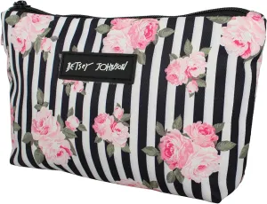 Betsey Johnson 8.5 Inch Zipper Cosmetic Pouch Small Toiletry Bag Lightweight Durable Polyester Organizer with Inner Zipped Pocket Good For Makeup Accessories and Travel Needs (Stripe Roses)