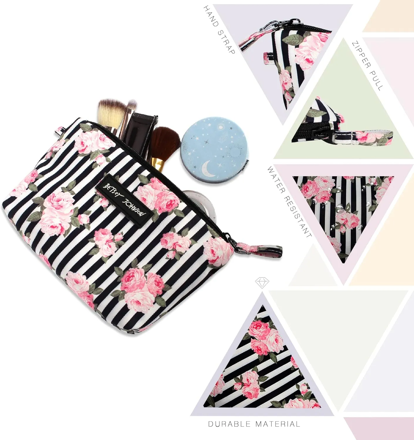 Betsey Johnson 8.5 Inch Zipper Cosmetic Pouch Small Toiletry Bag Lightweight Durable Polyester Organizer with Inner Zipped Pocket Good For Makeup Accessories and Travel Needs (Stripe Roses)