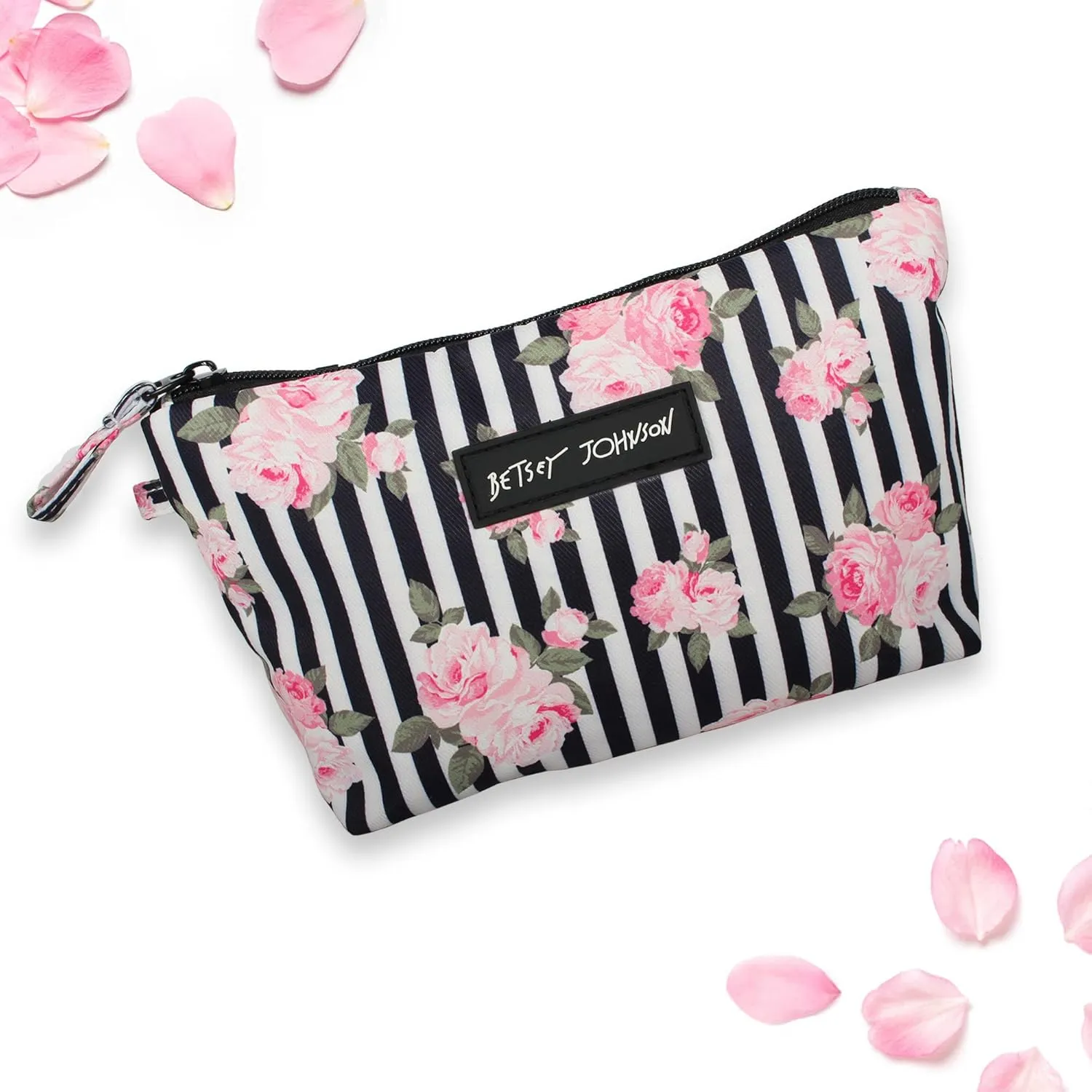 Betsey Johnson 8.5 Inch Zipper Cosmetic Pouch Small Toiletry Bag Lightweight Durable Polyester Organizer with Inner Zipped Pocket Good For Makeup Accessories and Travel Needs (Stripe Roses)