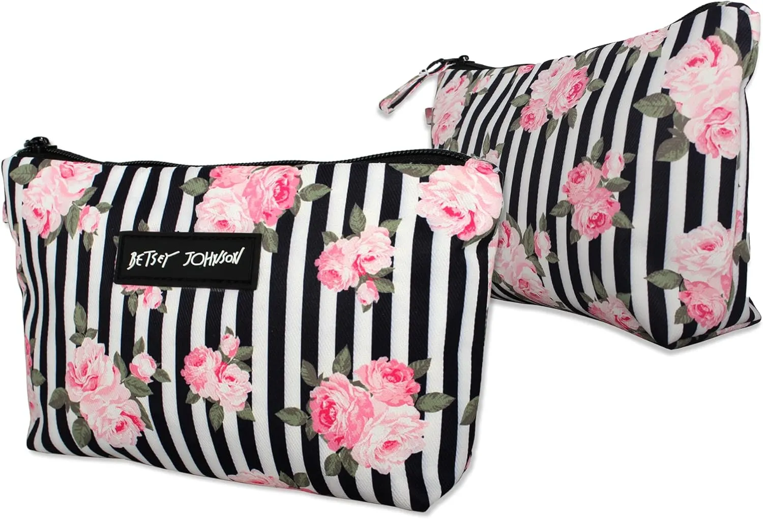 Betsey Johnson 8.5 Inch Zipper Cosmetic Pouch Small Toiletry Bag Lightweight Durable Polyester Organizer with Inner Zipped Pocket Good For Makeup Accessories and Travel Needs (Stripe Roses)