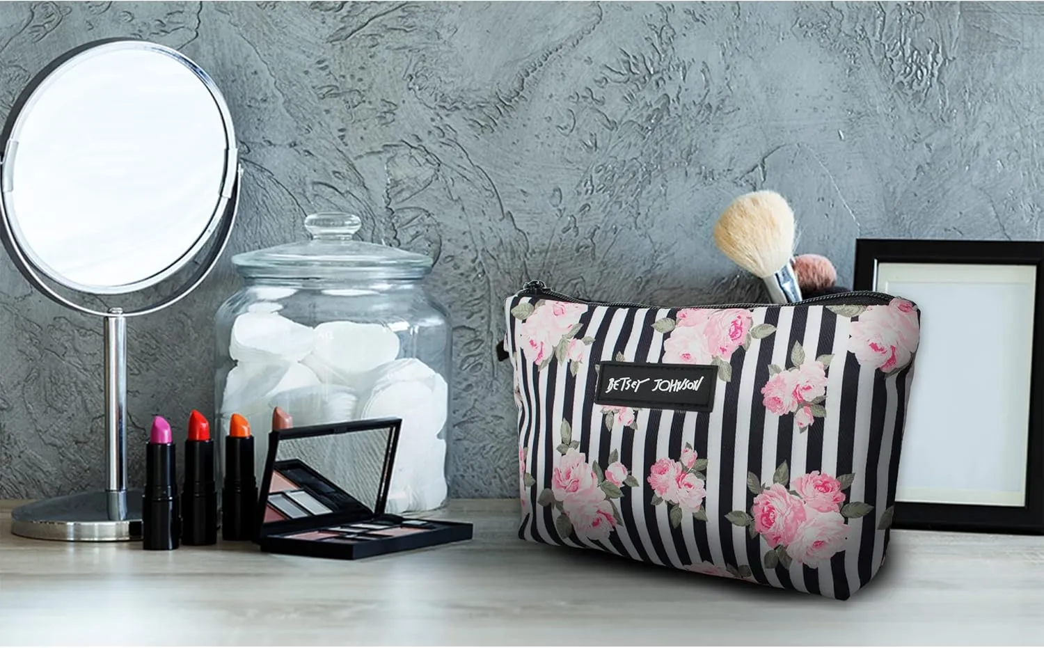 Betsey Johnson 8.5 Inch Zipper Cosmetic Pouch Small Toiletry Bag Lightweight Durable Polyester Organizer with Inner Zipped Pocket Good For Makeup Accessories and Travel Needs (Stripe Roses)