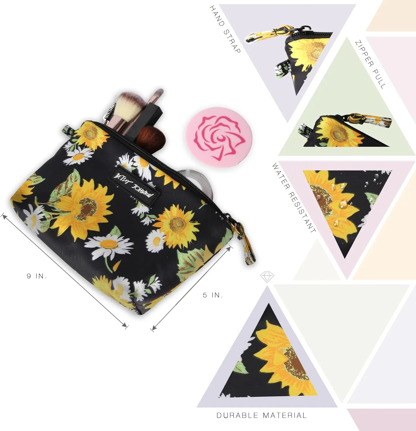 Betsey Johnson 8.5 Inch Zipper Cosmetic Pouch Small Toiletry Bag Lightweight Durable Polyester Organizer with Inner Zipped Pocket Good For Makeup Accessories and Travel Needs (Sunflowers)
