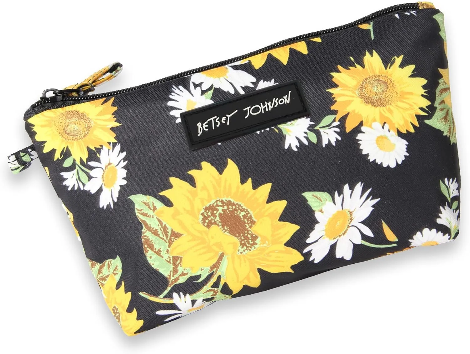 Betsey Johnson 8.5 Inch Zipper Cosmetic Pouch Small Toiletry Bag Lightweight Durable Polyester Organizer with Inner Zipped Pocket Good For Makeup Accessories and Travel Needs (Sunflowers)