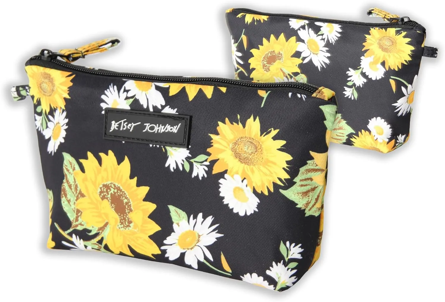 Betsey Johnson 8.5 Inch Zipper Cosmetic Pouch Small Toiletry Bag Lightweight Durable Polyester Organizer with Inner Zipped Pocket Good For Makeup Accessories and Travel Needs (Sunflowers)