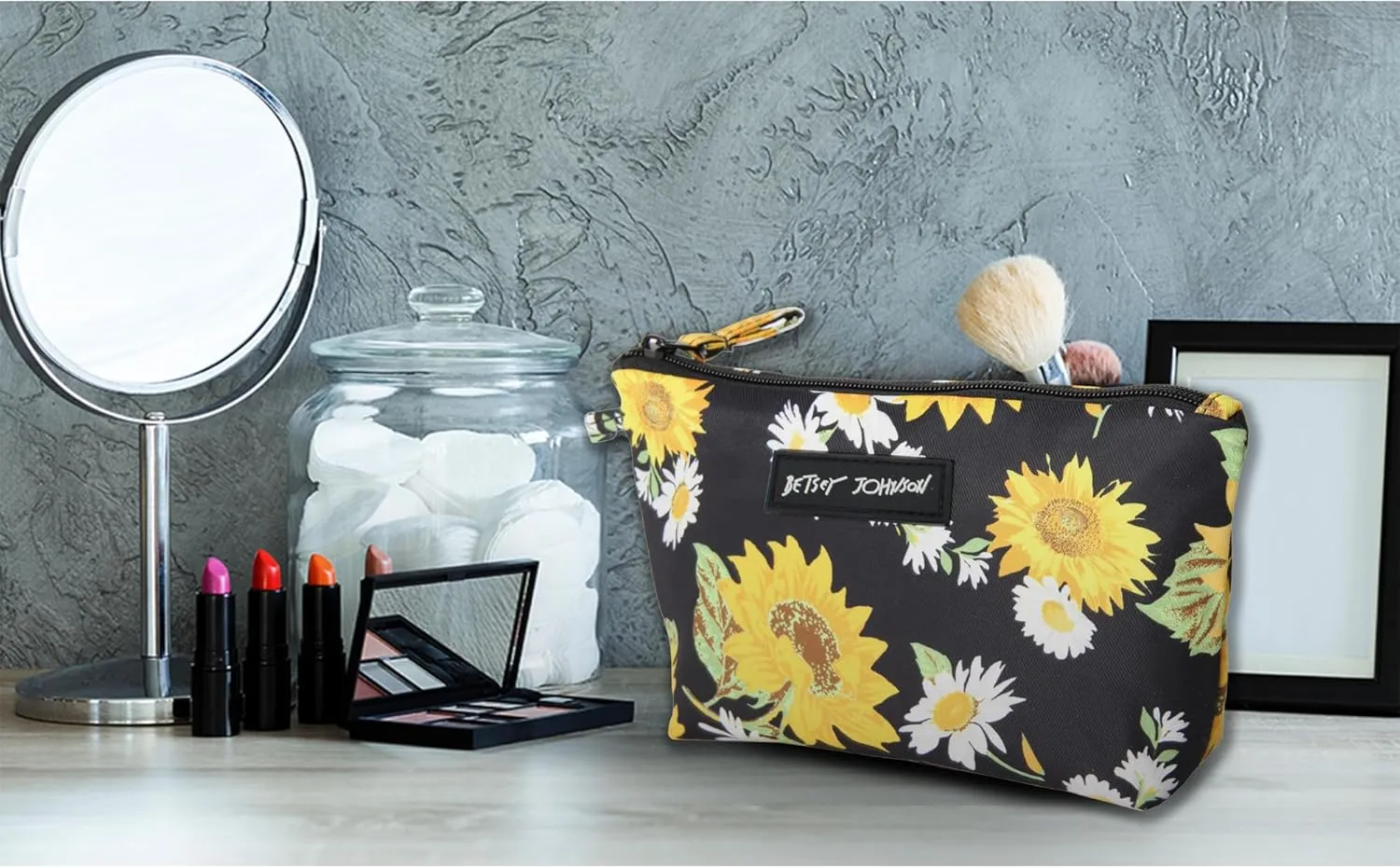 Betsey Johnson 8.5 Inch Zipper Cosmetic Pouch Small Toiletry Bag Lightweight Durable Polyester Organizer with Inner Zipped Pocket Good For Makeup Accessories and Travel Needs (Sunflowers)