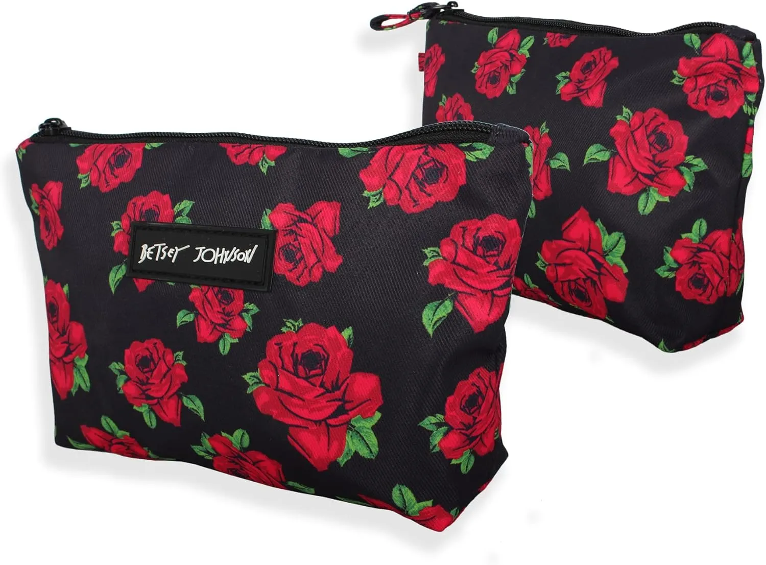 Betsey Johnson 8.5 Inch Zipper Cosmetic Pouch Small Toiletry Bag–Lightweight Durable Polyester Organizer with Inner Zipped Pocket Good For Makeup Accessories and Travel Needs (Covered Rose)
