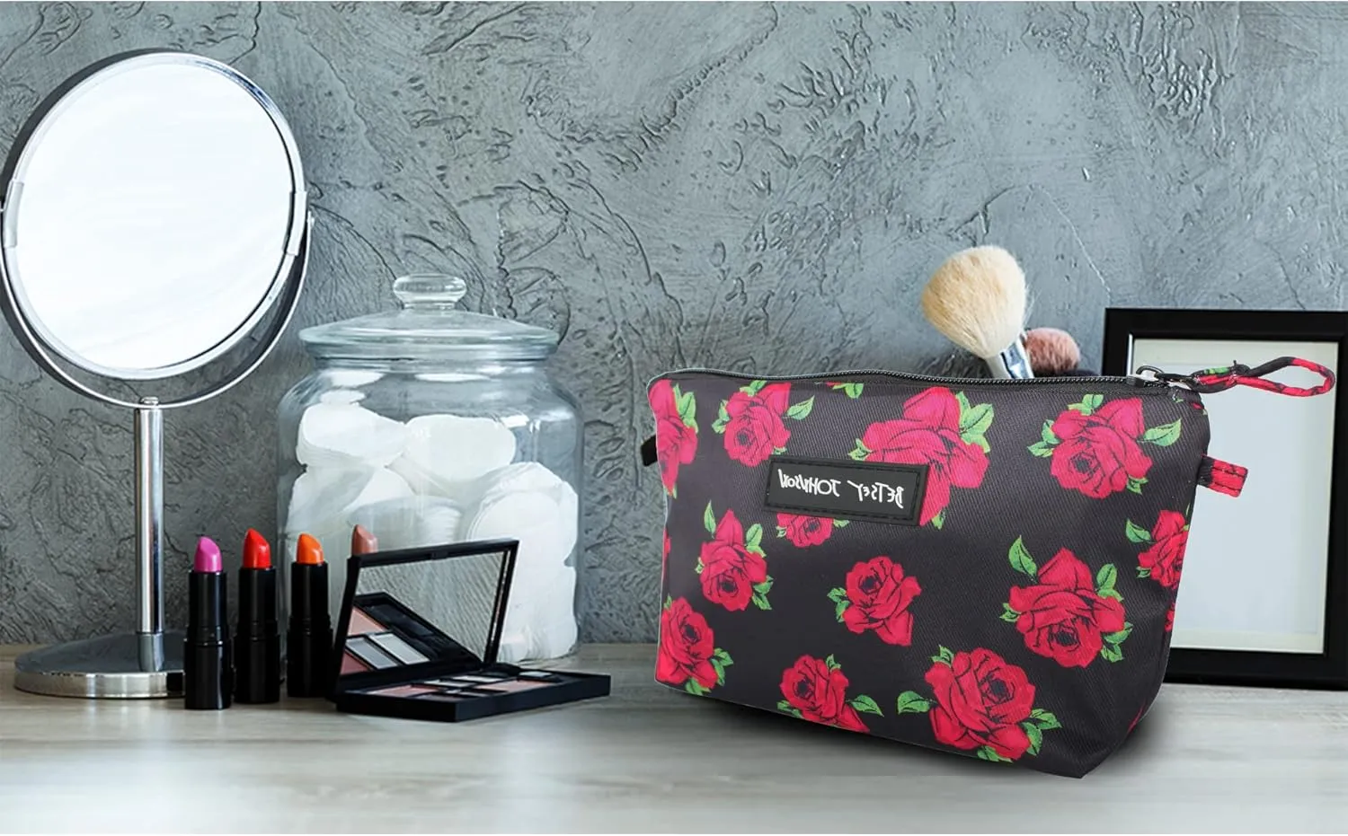 Betsey Johnson 8.5 Inch Zipper Cosmetic Pouch Small Toiletry Bag–Lightweight Durable Polyester Organizer with Inner Zipped Pocket Good For Makeup Accessories and Travel Needs (Covered Rose)