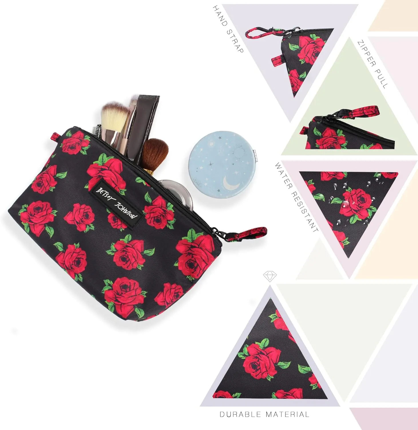 Betsey Johnson 8.5 Inch Zipper Cosmetic Pouch Small Toiletry Bag–Lightweight Durable Polyester Organizer with Inner Zipped Pocket Good For Makeup Accessories and Travel Needs (Covered Rose)