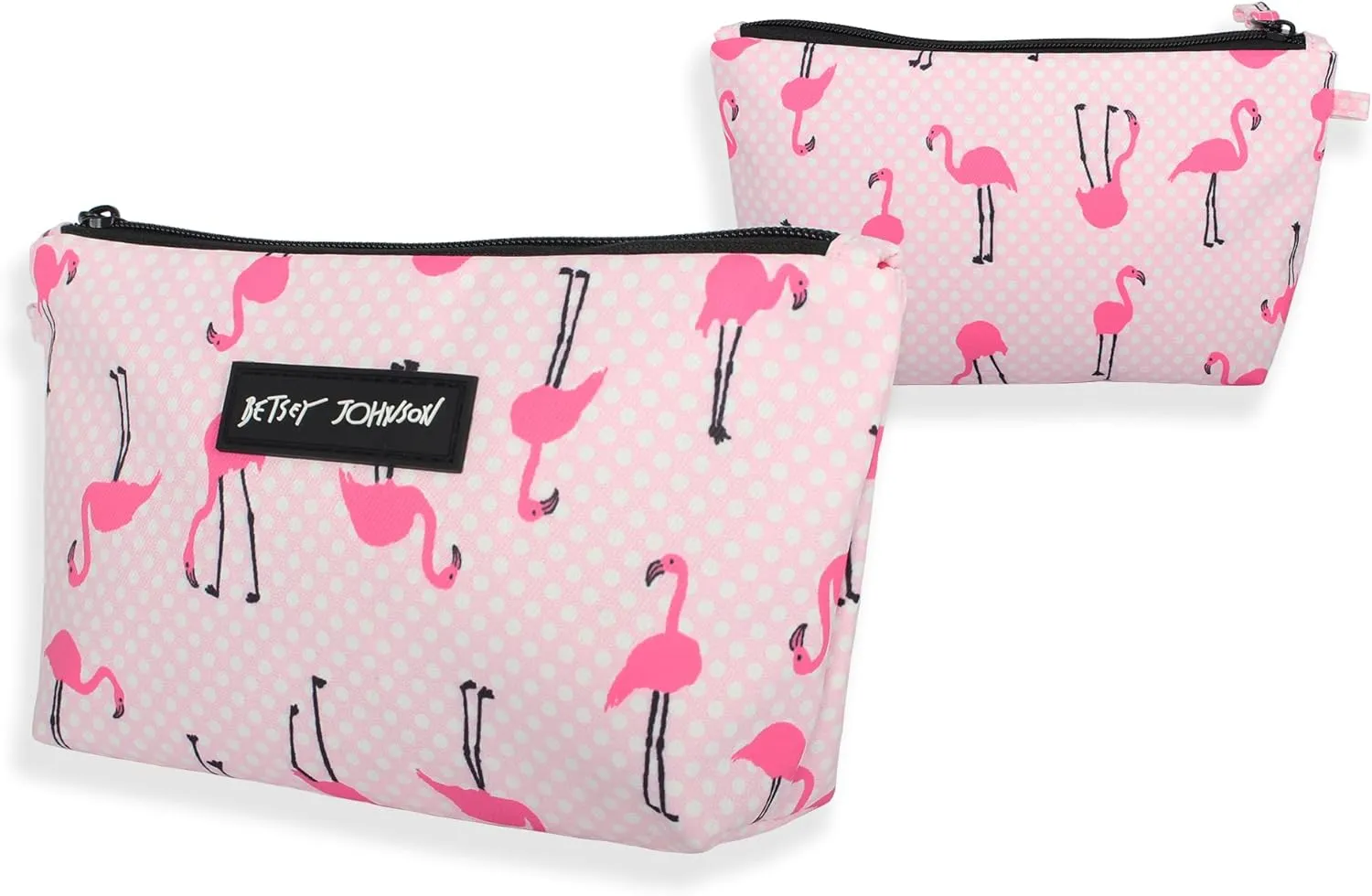 Betsey Johnson 8.5 Inch Zipper Cosmetic Pouch Small Toiletry Bag–Lightweight Durable Polyester Organizer with Inner Zipped Pocket Good For Makeup Accessories and Travel Needs (Flamingo Strut)