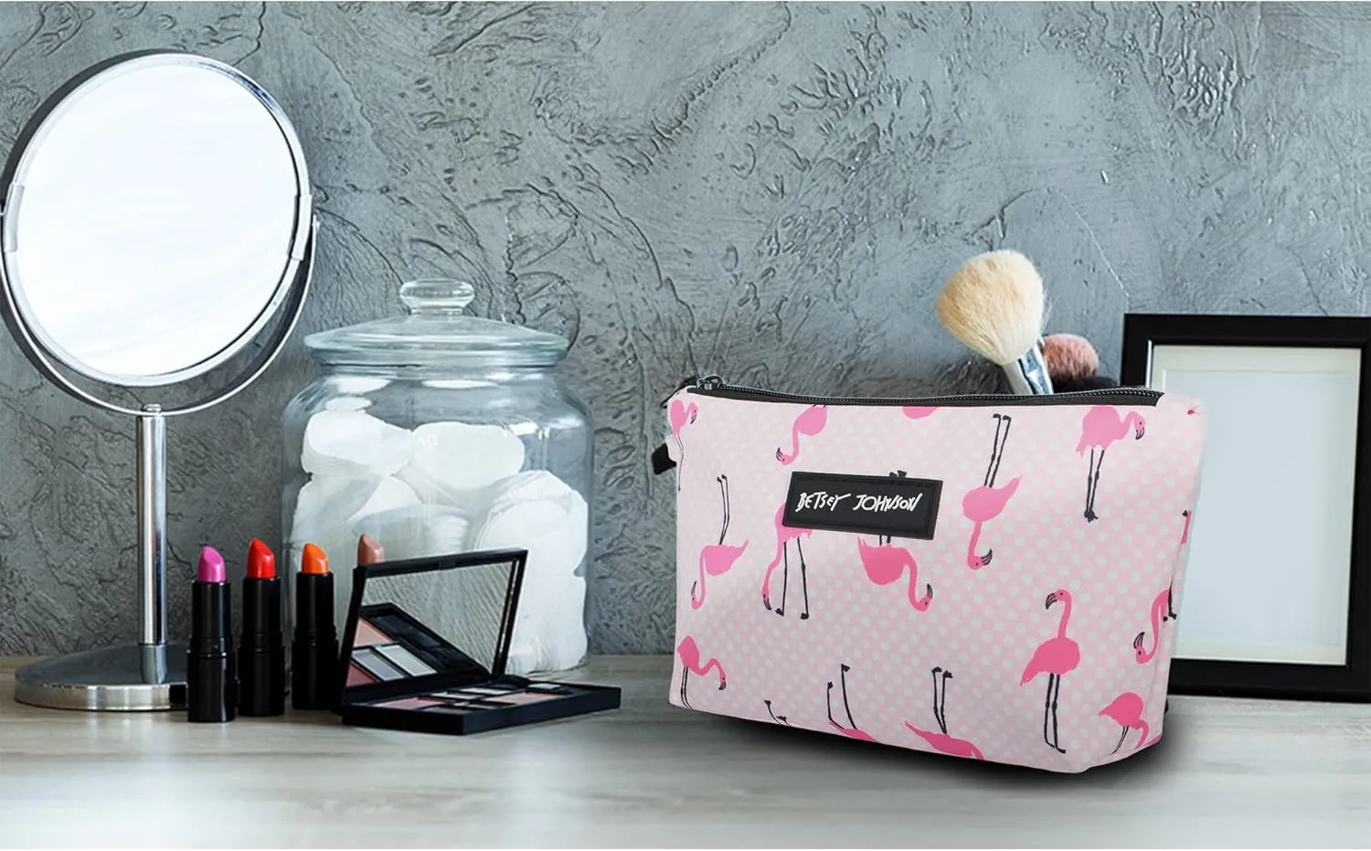 Betsey Johnson 8.5 Inch Zipper Cosmetic Pouch Small Toiletry Bag–Lightweight Durable Polyester Organizer with Inner Zipped Pocket Good For Makeup Accessories and Travel Needs (Flamingo Strut)