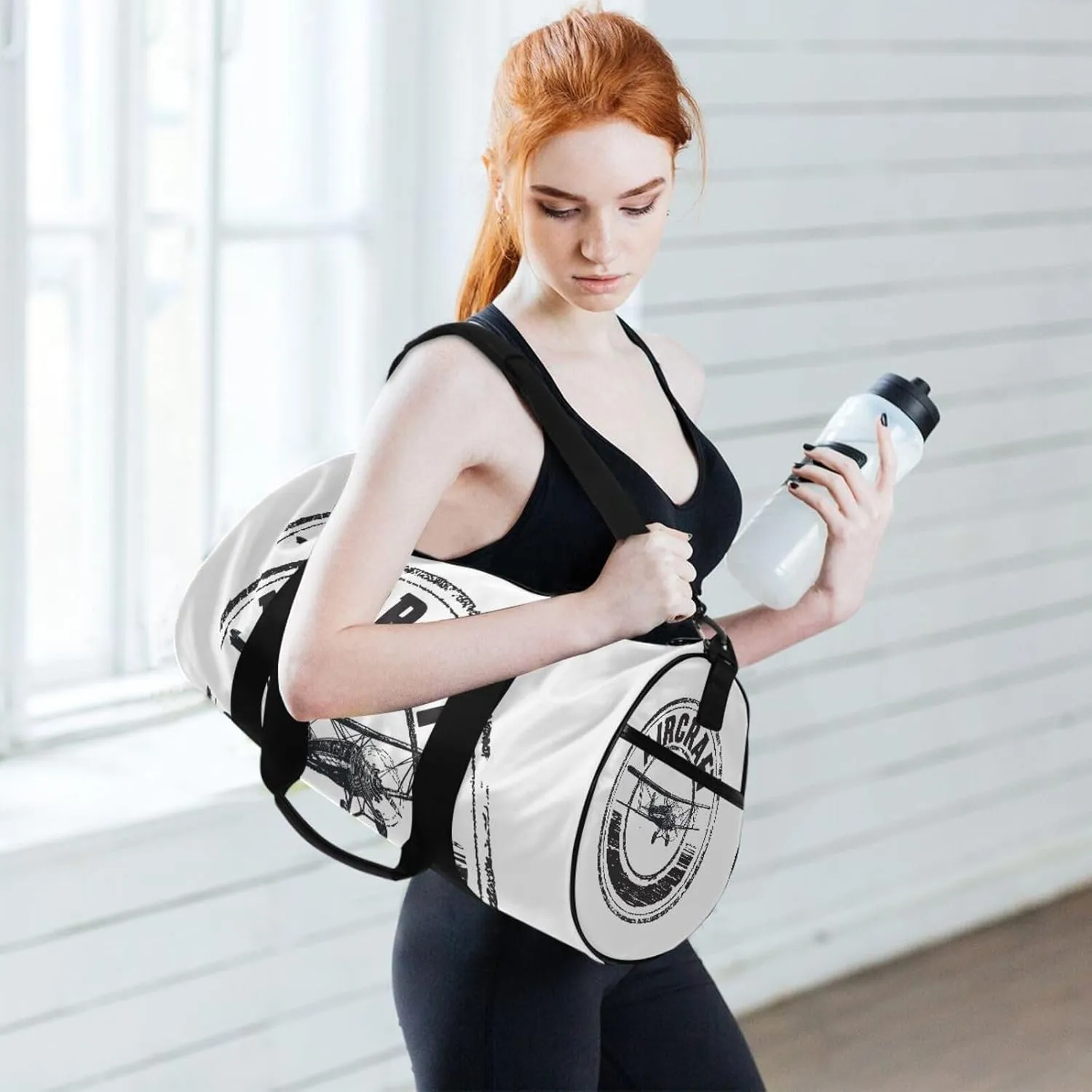 Black Aircraft Stamp, Label Design, Airplane on White Portable Gym Bag, Travel Bag, Luggage bag, Sports Bag, Toiletry Bag with Handles, Detachable Shoulder Strap 17.6 x 9 x 9 inch