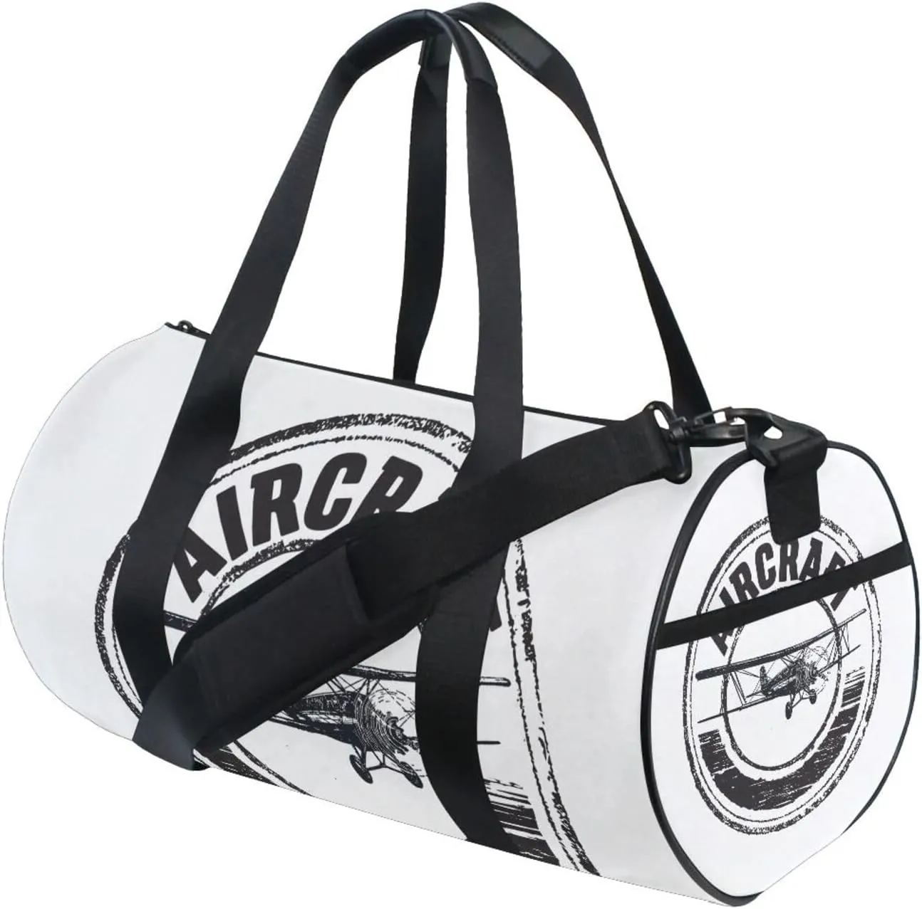 Black Aircraft Stamp, Label Design, Airplane on White Portable Gym Bag, Travel Bag, Luggage bag, Sports Bag, Toiletry Bag with Handles, Detachable Shoulder Strap 17.6 x 9 x 9 inch