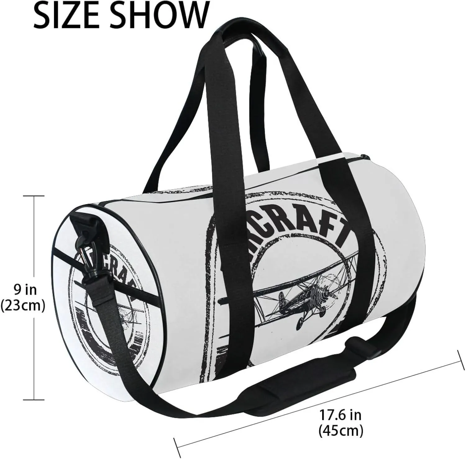 Black Aircraft Stamp, Label Design, Airplane on White Portable Gym Bag, Travel Bag, Luggage bag, Sports Bag, Toiletry Bag with Handles, Detachable Shoulder Strap 17.6 x 9 x 9 inch