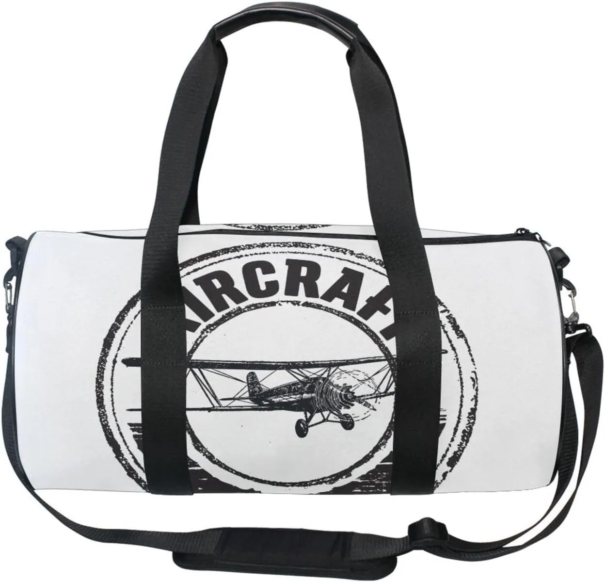 Black Aircraft Stamp, Label Design, Airplane on White Portable Gym Bag, Travel Bag, Luggage bag, Sports Bag, Toiletry Bag with Handles, Detachable Shoulder Strap 17.6 x 9 x 9 inch