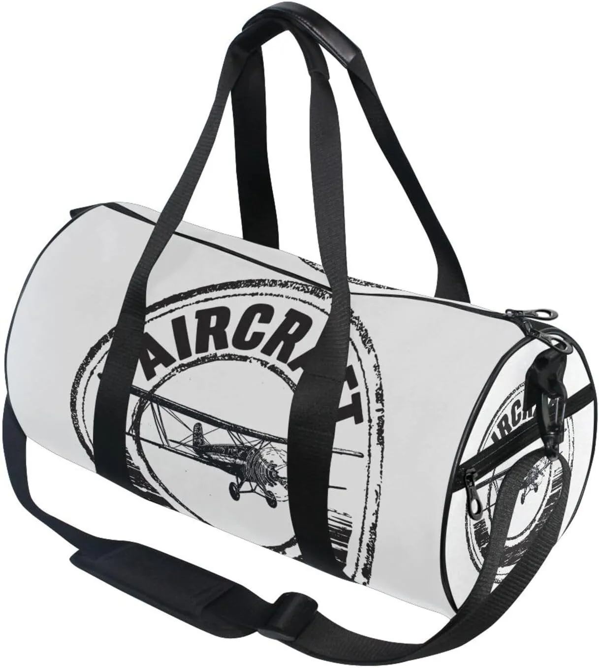 Black Aircraft Stamp, Label Design, Airplane on White Portable Gym Bag, Travel Bag, Luggage bag, Sports Bag, Toiletry Bag with Handles, Detachable Shoulder Strap 17.6 x 9 x 9 inch