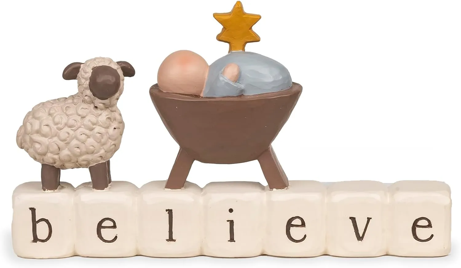 Blossom Bucket Believe Holiday Tabletop Decor, Ceramic Sheep Figurine and Baby Jesus in Manger