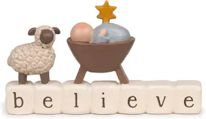Blossom Bucket Believe Holiday Tabletop Decor, Ceramic Sheep Figurine and Baby Jesus in Manger