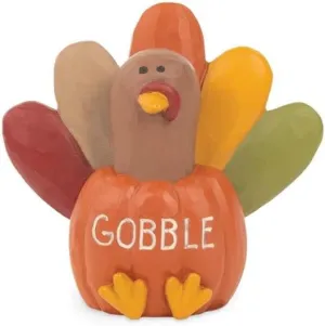 Blossom Bucket Gobble Turkey in Pumpkin Figurine, 3.25-Inch, Multicolor