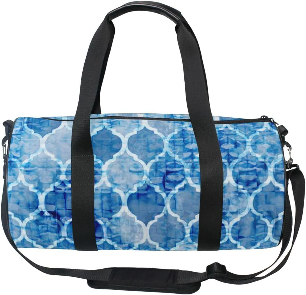 Blue Batik Watercolor Tie Dye Seamless Moroccan Tiles Textures Portable Gym Bag, Travel Bag, Luggage bag, Sports Bag, Toiletry Bag with Handles, Detachable Shoulder Strap 17.6 x 9 x 9 inch