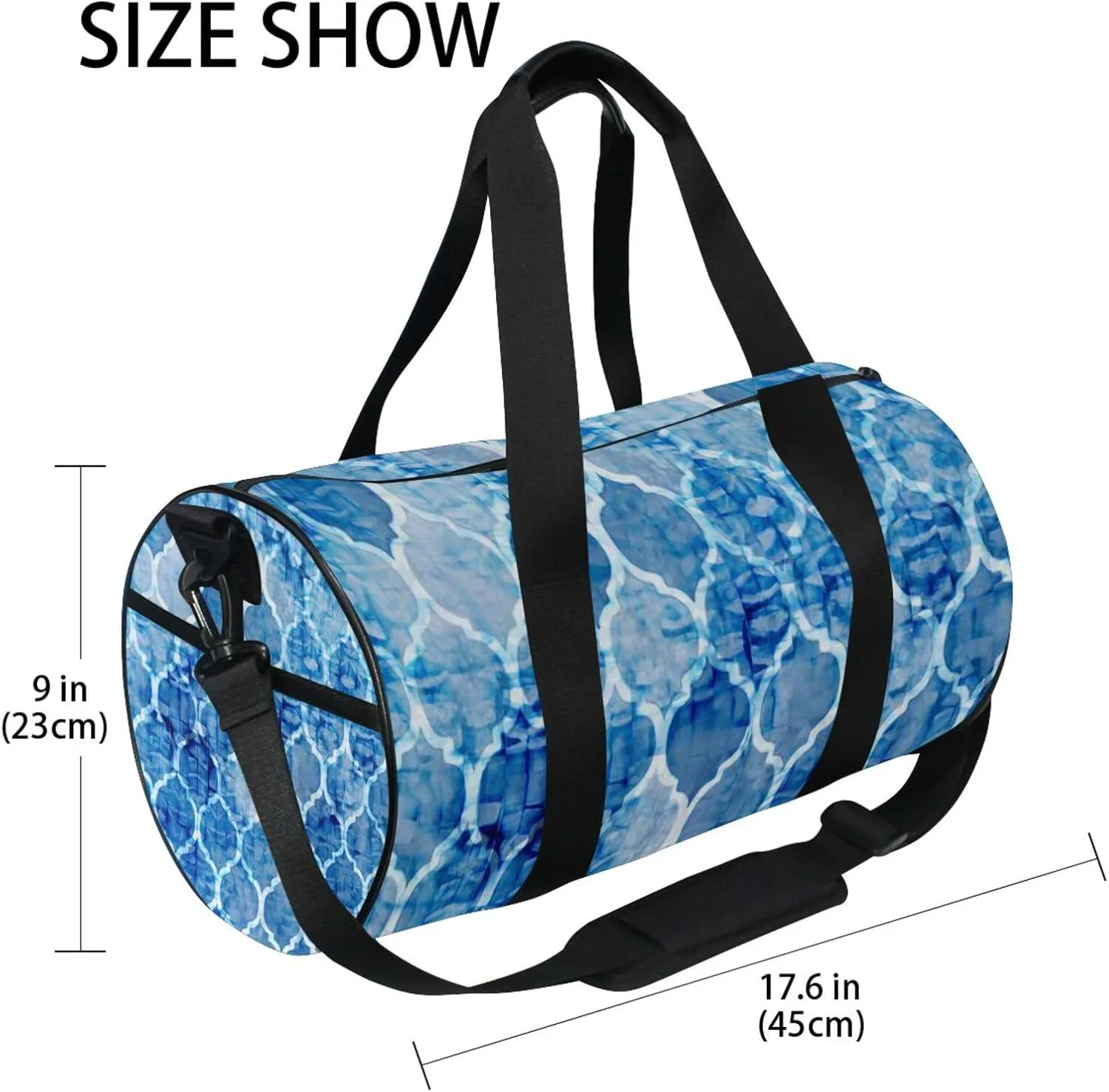 Blue Batik Watercolor Tie Dye Seamless Moroccan Tiles Textures Portable Gym Bag, Travel Bag, Luggage bag, Sports Bag, Toiletry Bag with Handles, Detachable Shoulder Strap 17.6 x 9 x 9 inch