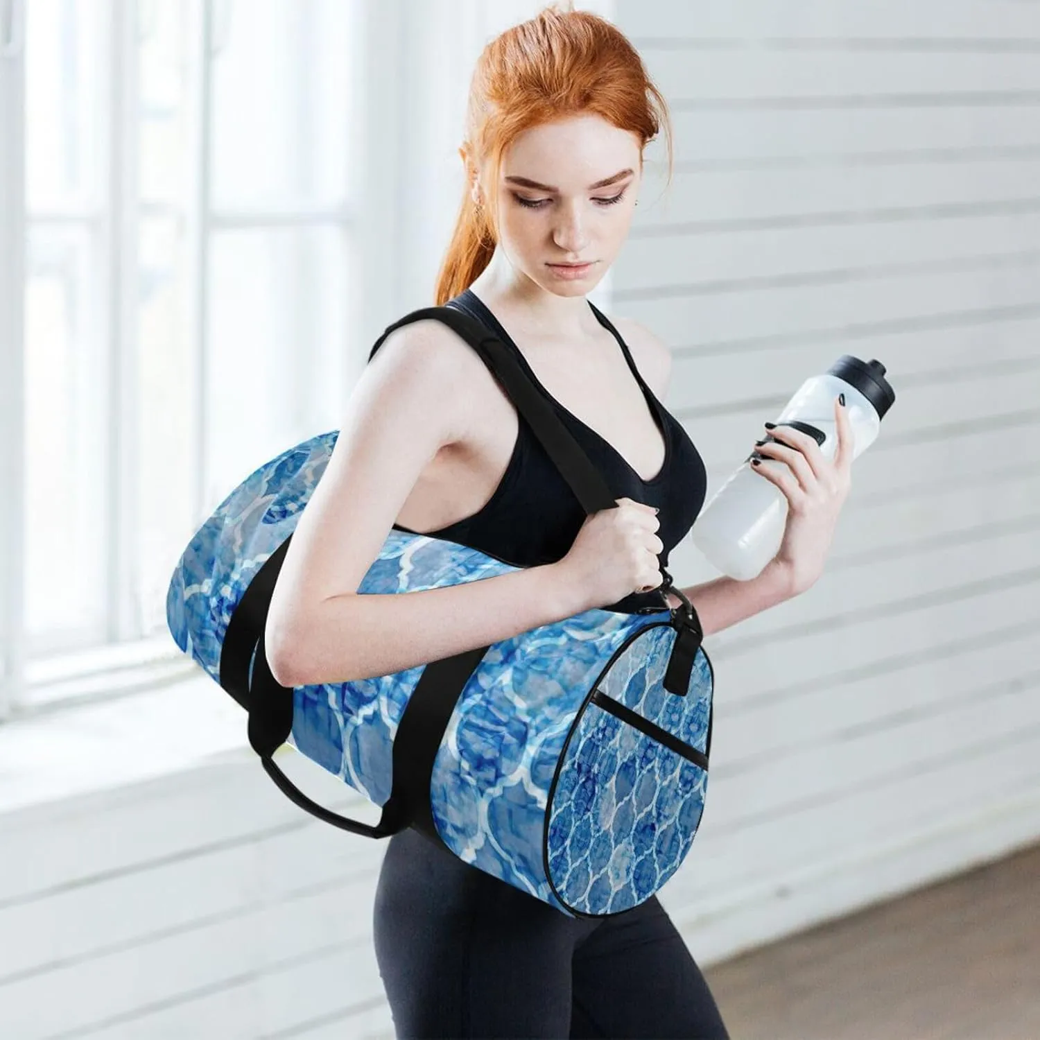 Blue Batik Watercolor Tie Dye Seamless Moroccan Tiles Textures Portable Gym Bag, Travel Bag, Luggage bag, Sports Bag, Toiletry Bag with Handles, Detachable Shoulder Strap 17.6 x 9 x 9 inch