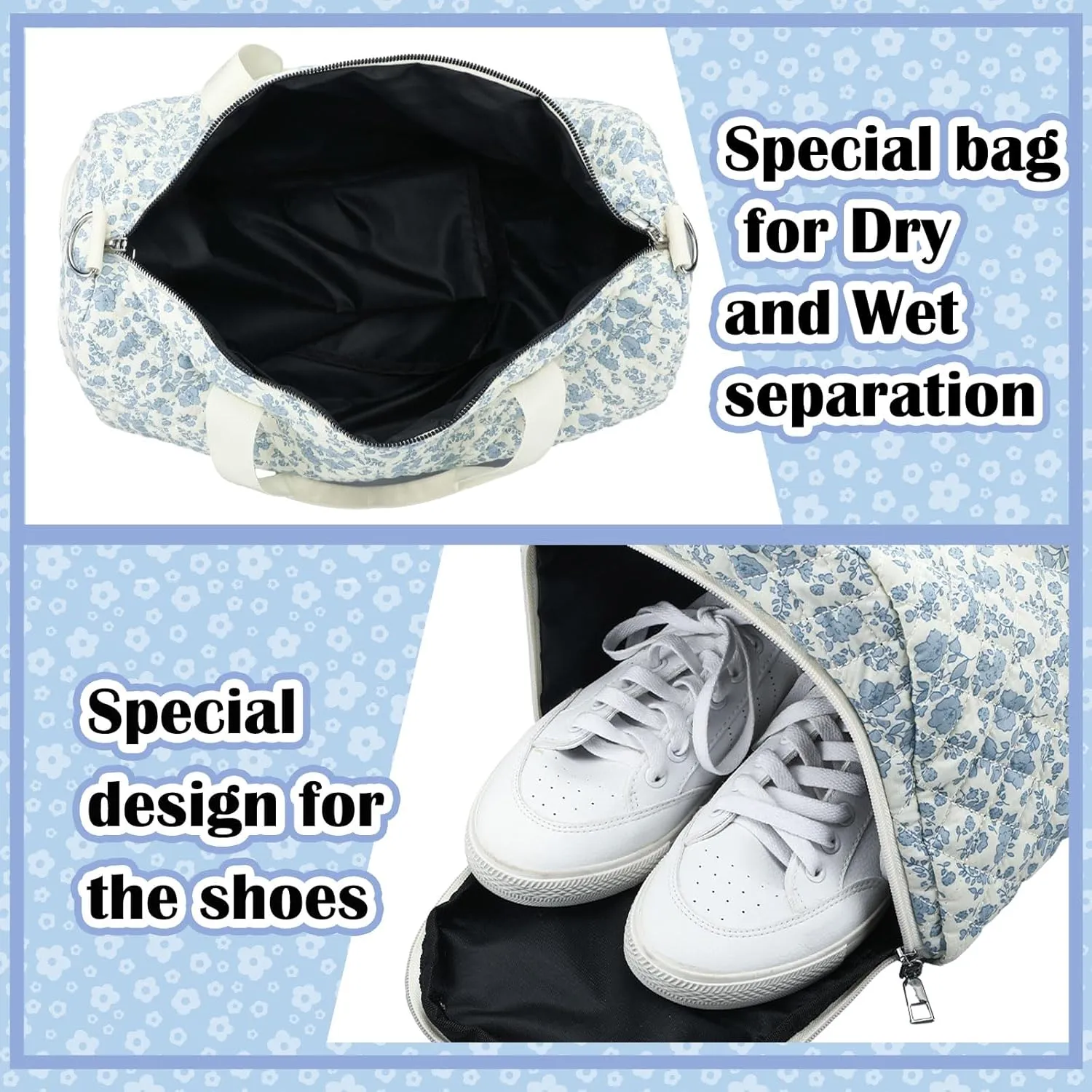 Blue Floral Quilted Duffle Bag for Women Cotton Large Floral Travel Duffle Dance Bag with Adjustable Carry Strap and Handy Pouch Backpack for Dancers Travel