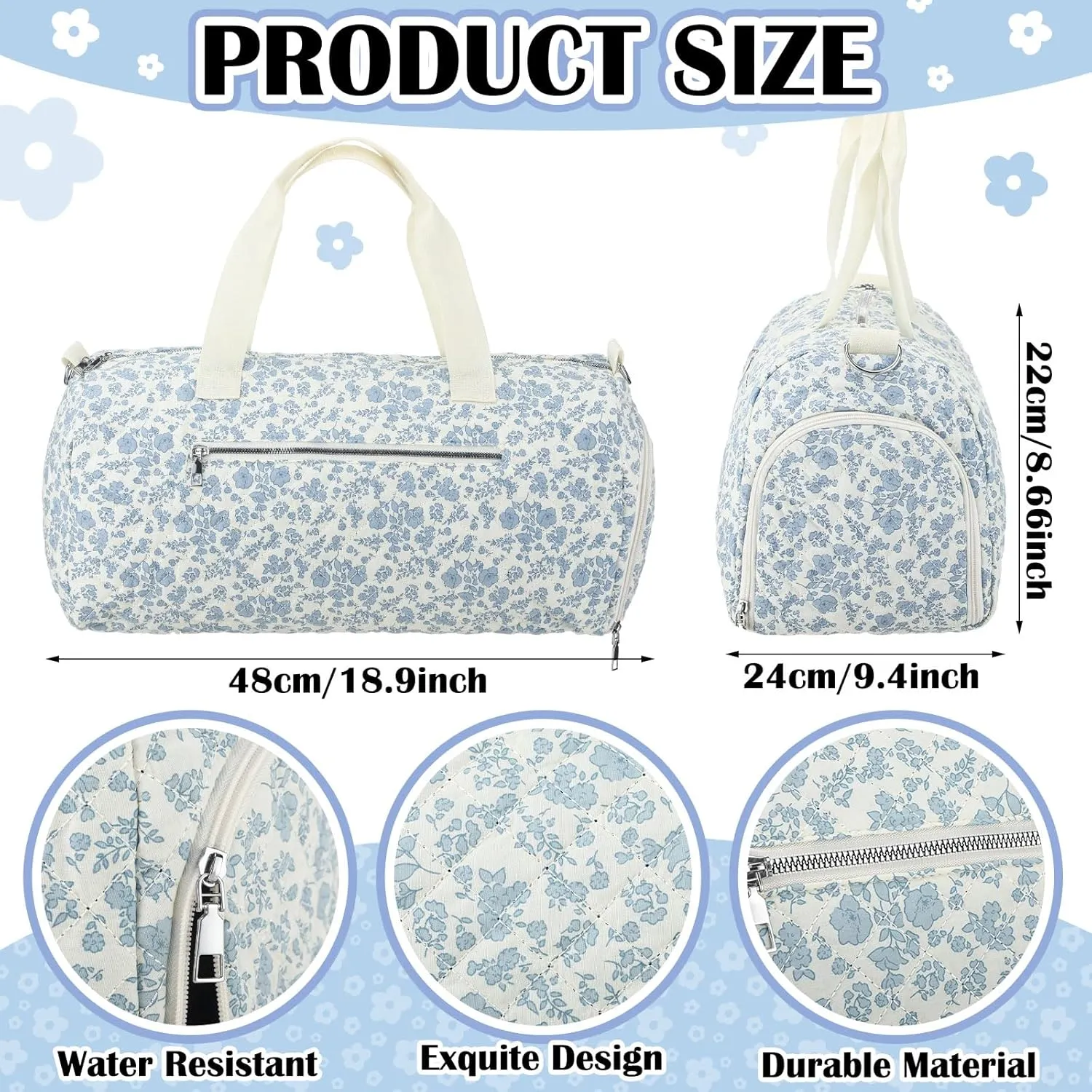 Blue Floral Quilted Duffle Bag for Women Cotton Large Floral Travel Duffle Dance Bag with Adjustable Carry Strap and Handy Pouch Backpack for Dancers Travel