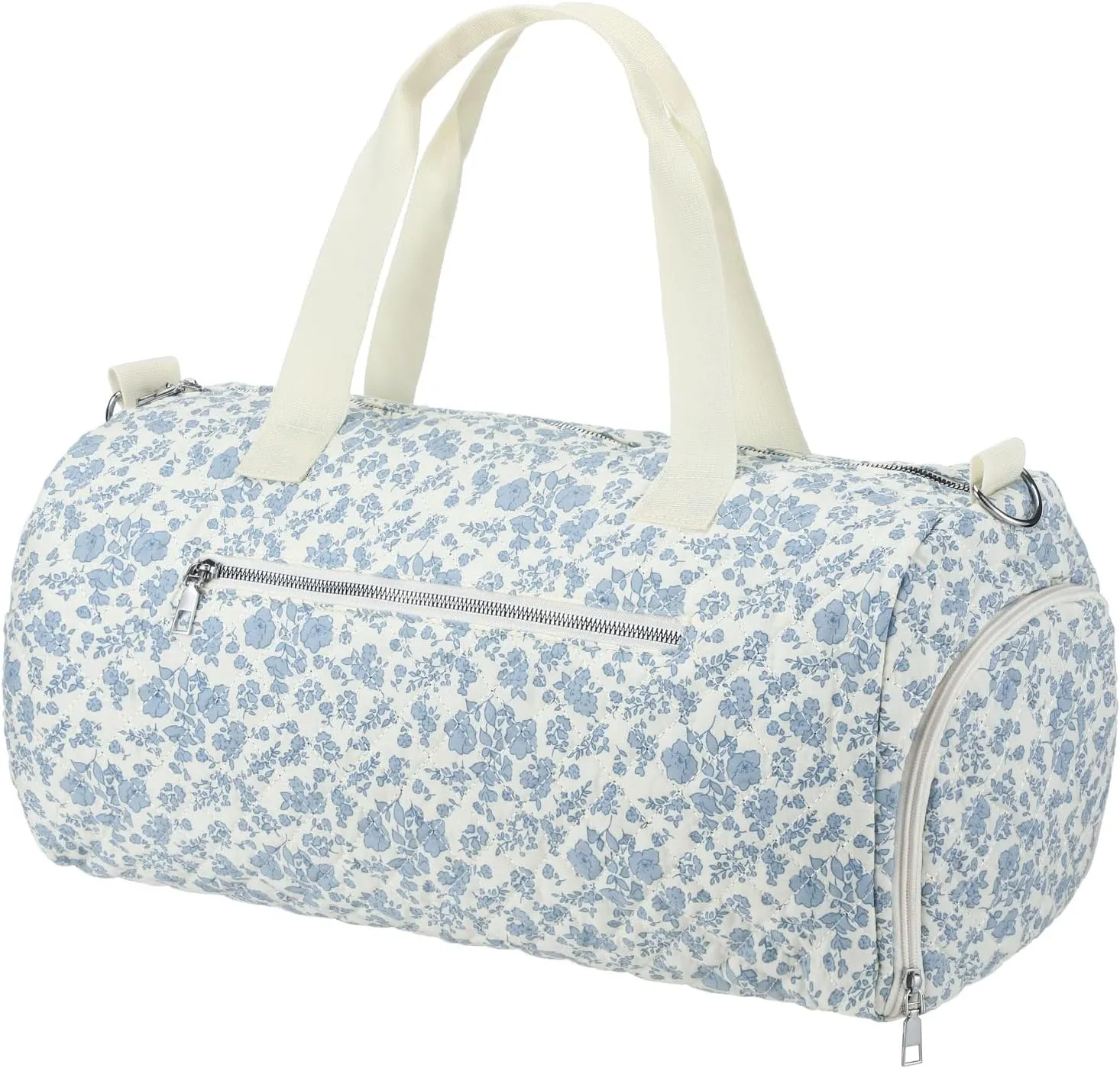 Blue Floral Quilted Duffle Bag for Women Cotton Large Floral Travel Duffle Dance Bag with Adjustable Carry Strap and Handy Pouch Backpack for Dancers Travel