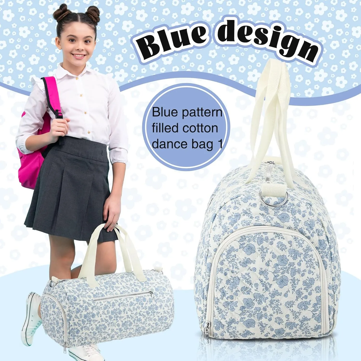 Blue Floral Quilted Duffle Bag for Women Cotton Large Floral Travel Duffle Dance Bag with Adjustable Carry Strap and Handy Pouch Backpack for Dancers Travel