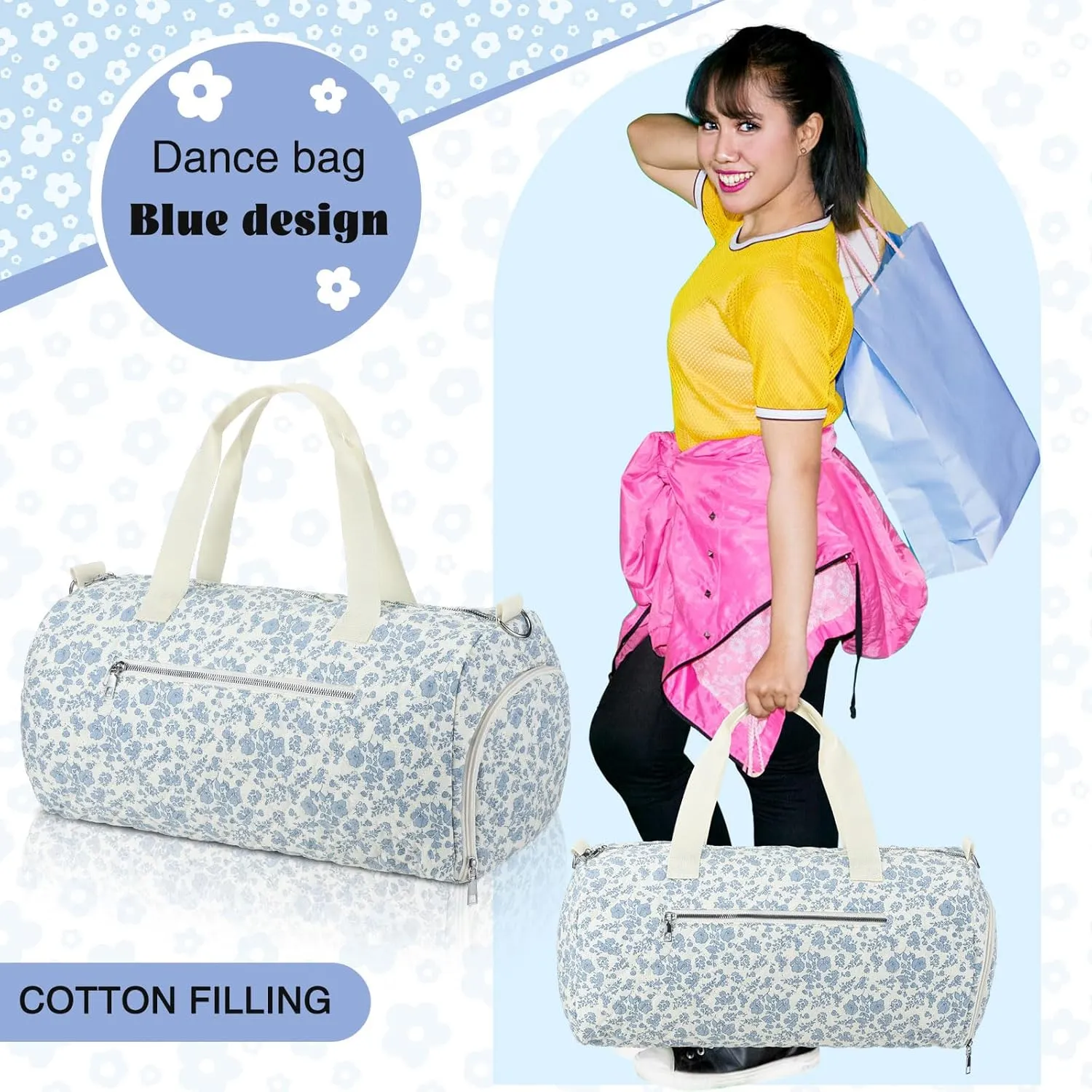 Blue Floral Quilted Duffle Bag for Women Cotton Large Floral Travel Duffle Dance Bag with Adjustable Carry Strap and Handy Pouch Backpack for Dancers Travel