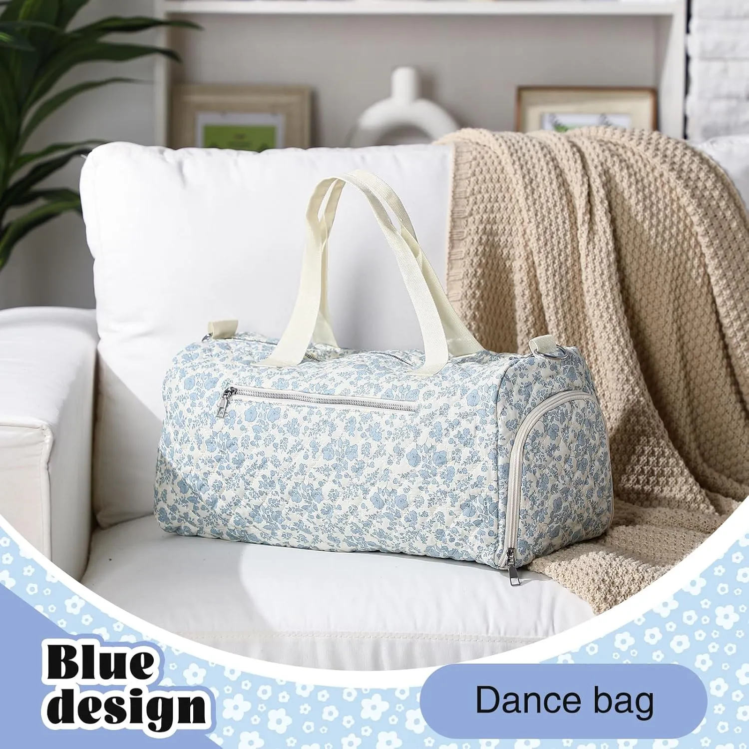 Blue Floral Quilted Duffle Bag for Women Cotton Large Floral Travel Duffle Dance Bag with Adjustable Carry Strap and Handy Pouch Backpack for Dancers Travel