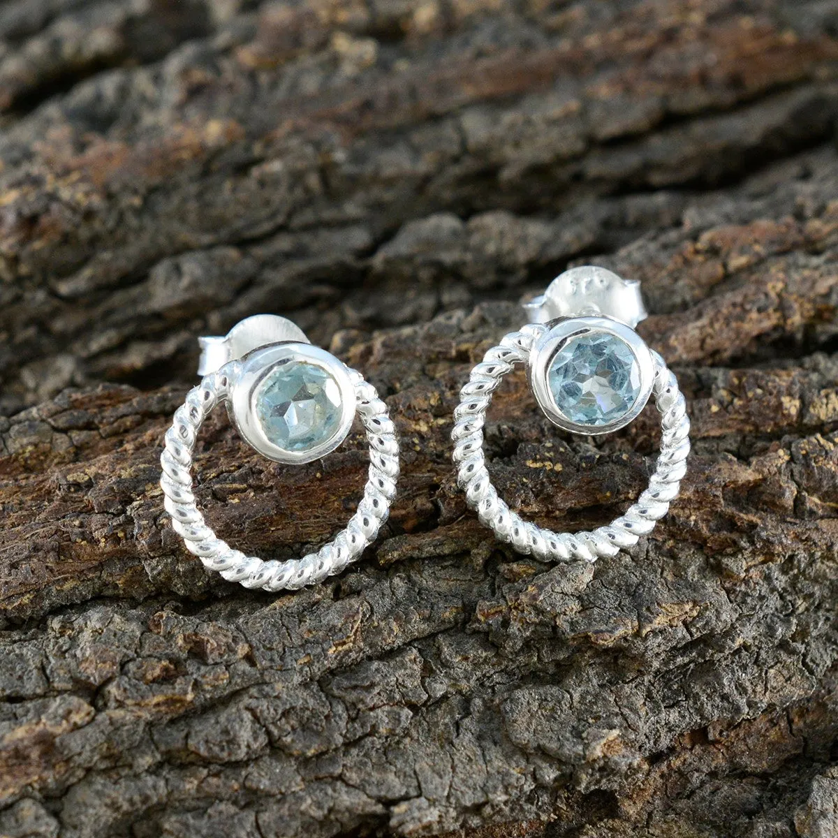 Blue Topaz Indian Lakshmi Solitaire Stud Blue 925 Sterling Silver Earring