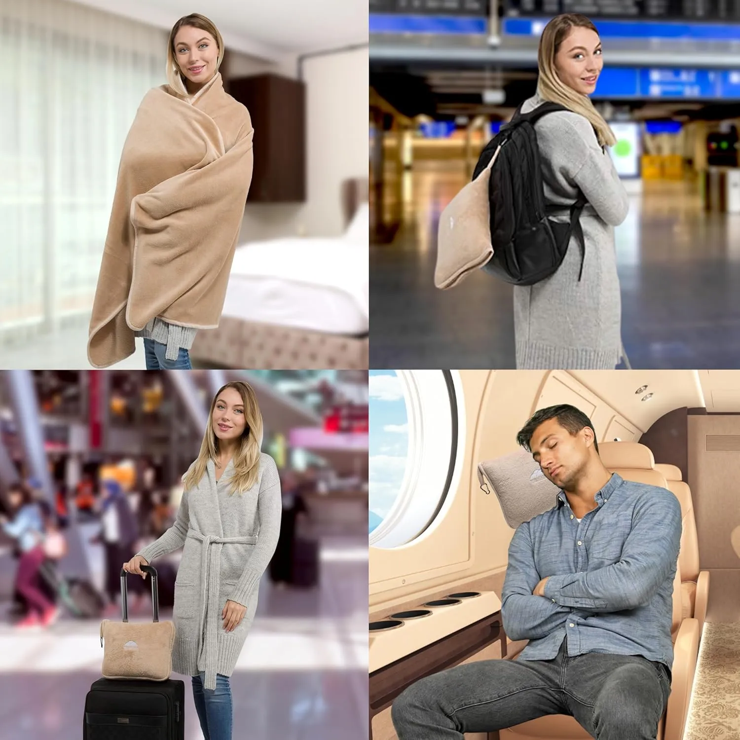 BlueHills Premium Soft Travel Blanket Pillow Airplane Blanket Packed in Soft Bag Pillowcase with Hand Luggage Belt and Backpack Clip, Compact Pack Large Essential for Any Travel (Beige T005)