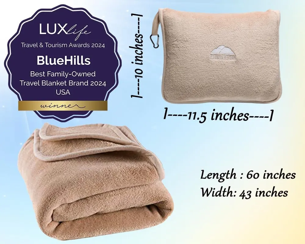 BlueHills Premium Soft Travel Blanket Pillow Airplane Blanket Packed in Soft Bag Pillowcase with Hand Luggage Belt and Backpack Clip, Compact Pack Large Essential for Any Travel (Beige T005)