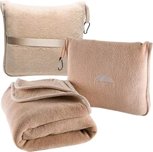 BlueHills Premium Soft Travel Blanket Pillow Airplane Blanket Packed in Soft Bag Pillowcase with Hand Luggage Belt and Backpack Clip, Compact Pack Large Essential for Any Travel (Beige T005)