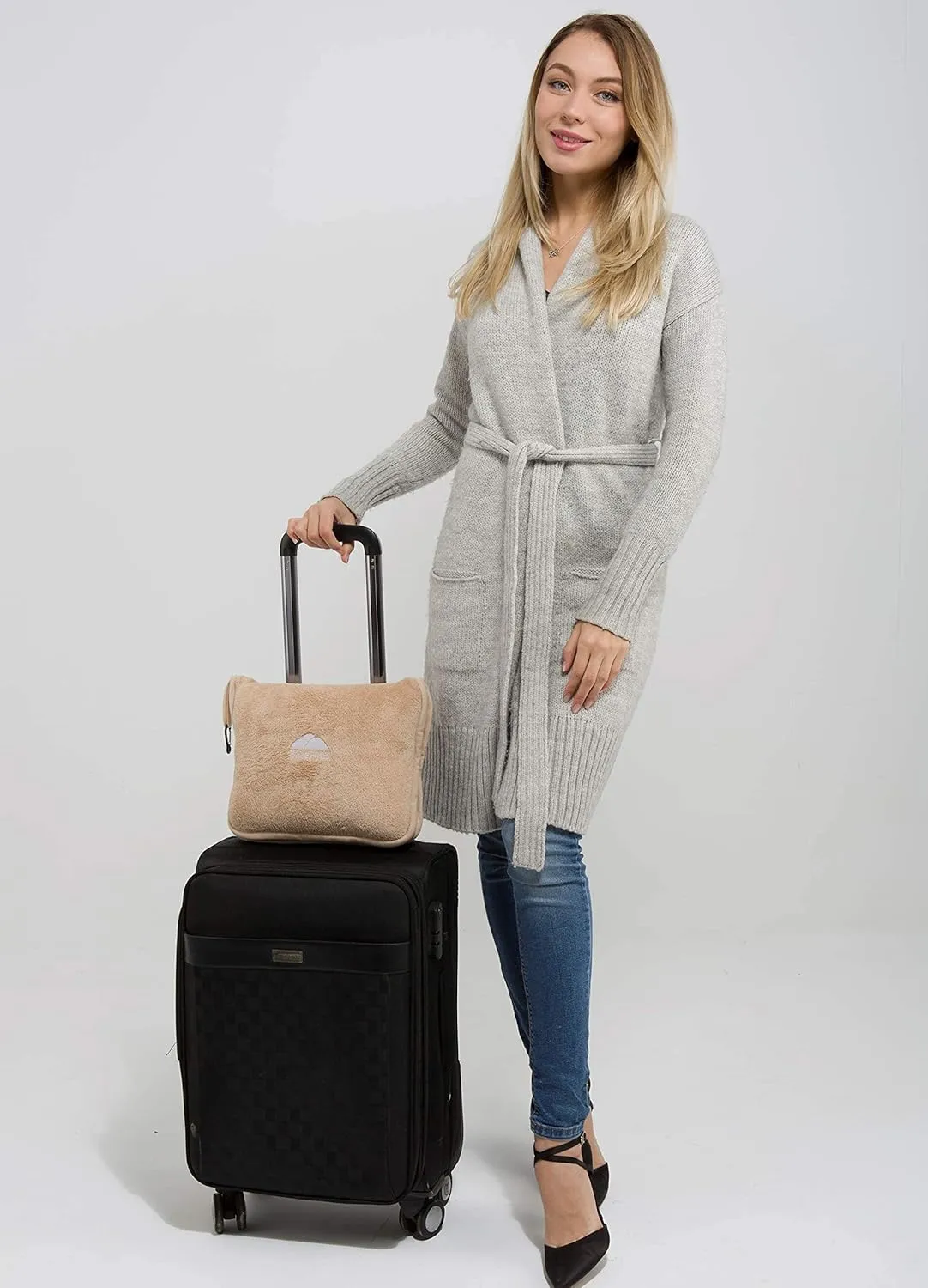 BlueHills Premium Soft Travel Blanket Pillow Airplane Blanket Packed in Soft Bag Pillowcase with Hand Luggage Belt and Backpack Clip, Compact Pack Large Essential for Any Travel (Beige T005)
