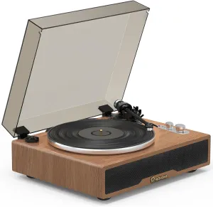 Bluetooth Vinyl Record Player with Built-in Speakers, Wohome Belt-Driven Hi-Fi Vintage Turntable with Magnetic Cartridge, RCA Line Out AUX in Headphone Jack, Auto Off