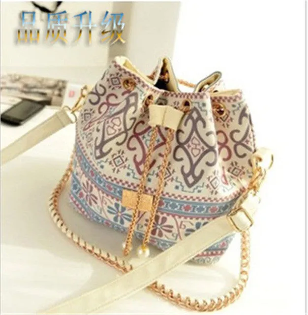 Bohemia Canvas Drawstring Lady Bucket Bag 2017 New Chains Shoulder Handbags Women's Vintage Messenger Bags Bolsa Feminina Bolsos