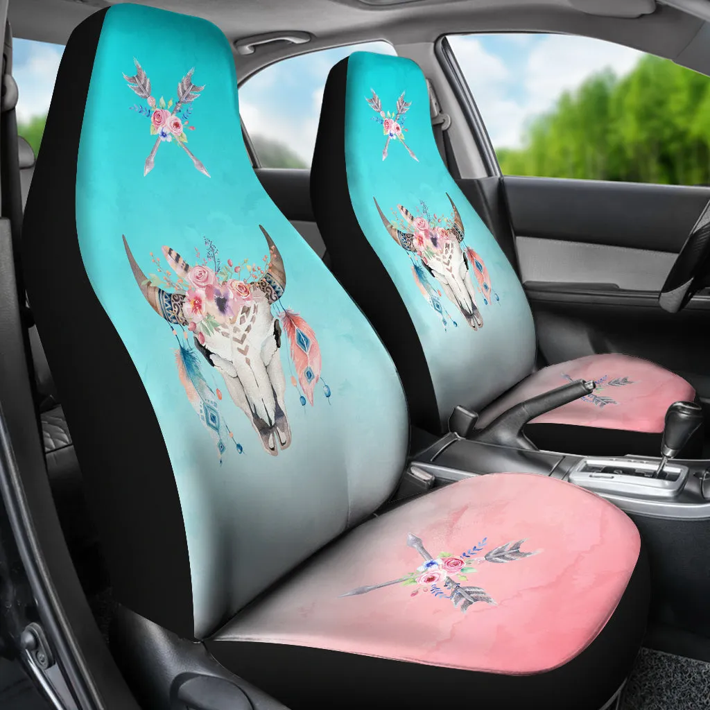 Boho Cow Skull Flowers and Arrows On Ombre Background Car Seat Covers
