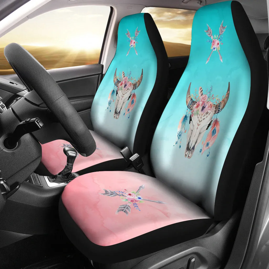 Boho Cow Skull Flowers and Arrows On Ombre Background Car Seat Covers