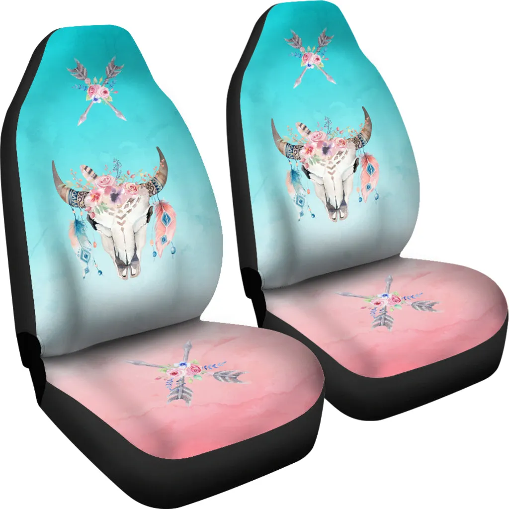 Boho Cow Skull Flowers and Arrows On Ombre Background Car Seat Covers