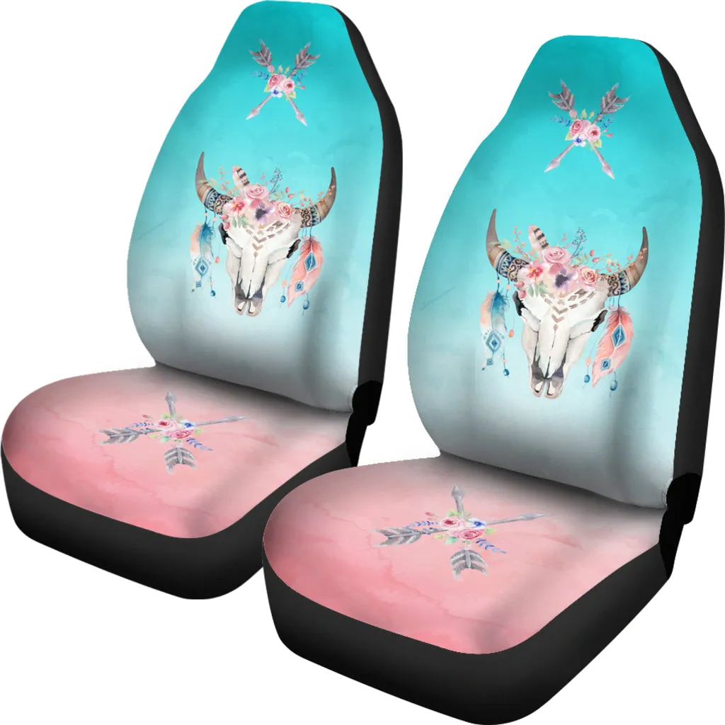 Boho Cow Skull Flowers and Arrows On Ombre Background Car Seat Covers
