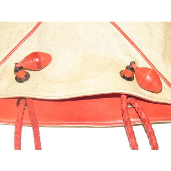 Bottega Veneta Pursesdesigner Purses Beige Canvas Fabric With Red Braided Leather Strapstrim And Top