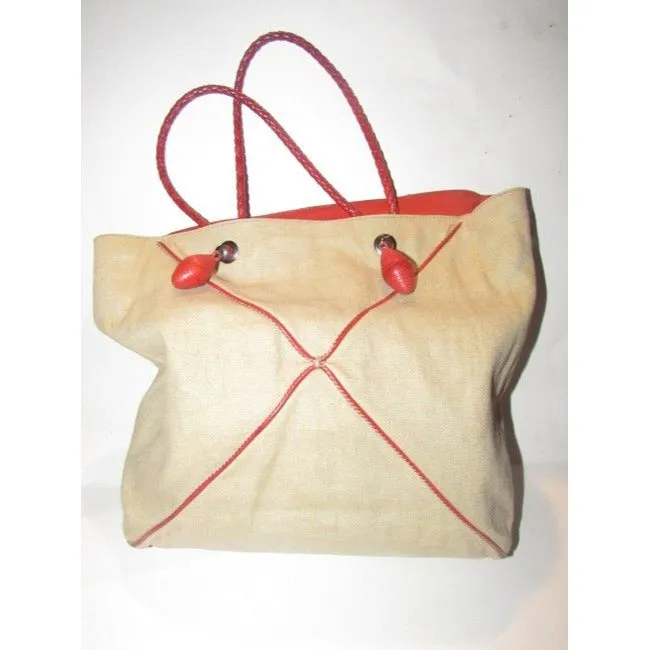 Bottega Veneta Pursesdesigner Purses Beige Canvas Fabric With Red Braided Leather Strapstrim And Top