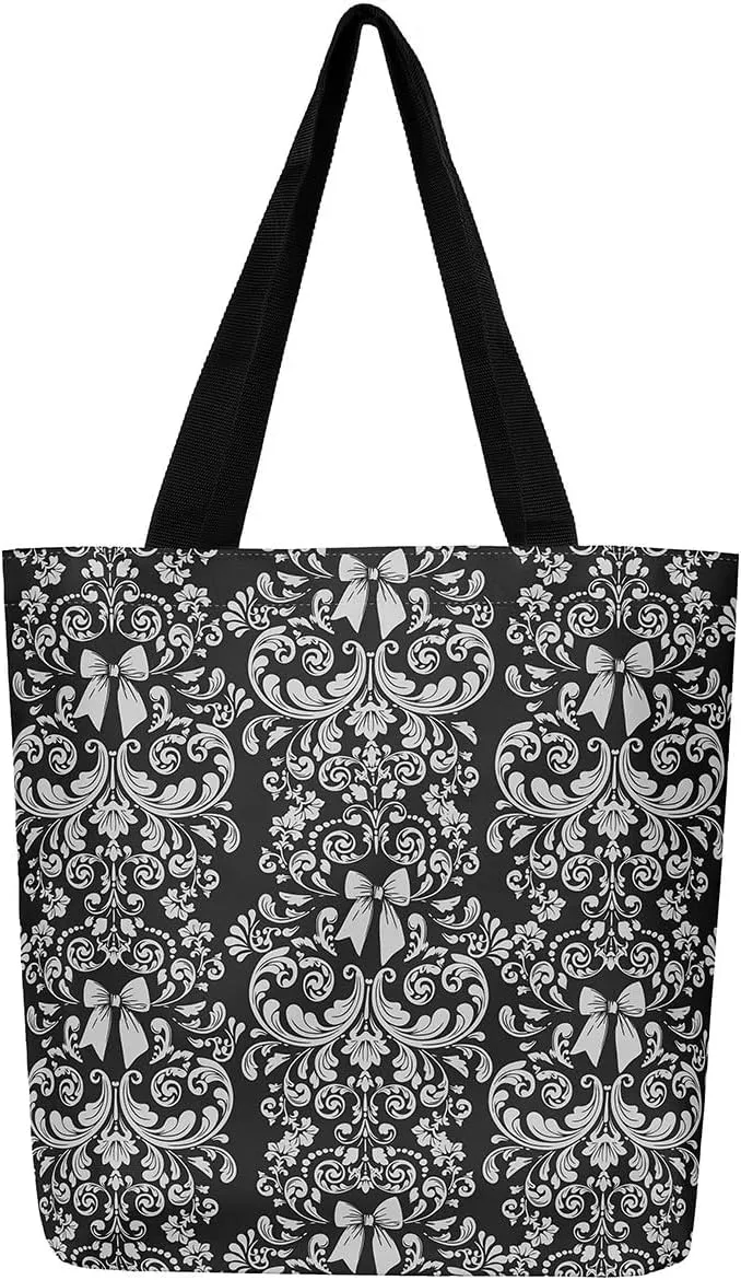 Bow Knot Canvas Tote Bag for Women,Antique Victorian Damask Bowknot Travel Toiletry Bag
