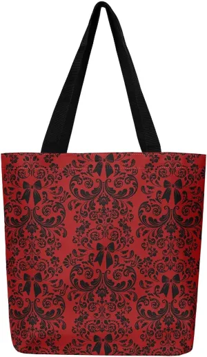 Bow Knot Canvas Tote Bag for Women,Antique Victorian Damask Bowknot Travel Toiletry Bag