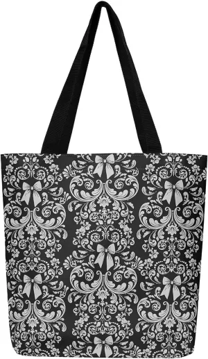 Bow Knot Canvas Tote Bag for Women,Antique Victorian Damask Bowknot Travel Toiletry Bag