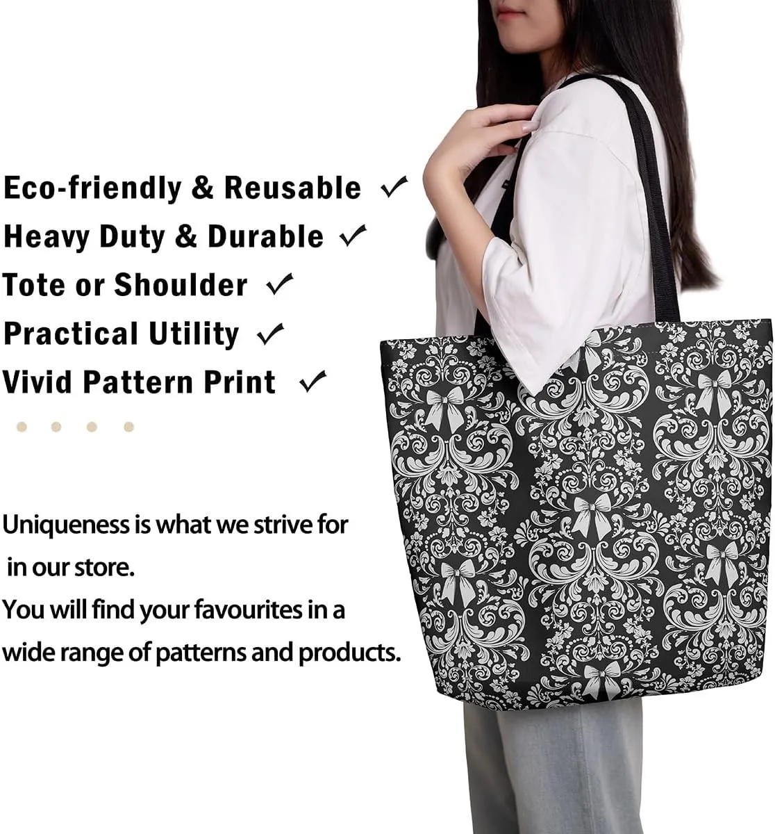 Bow Knot Canvas Tote Bag for Women,Antique Victorian Damask Bowknot Travel Toiletry Bag